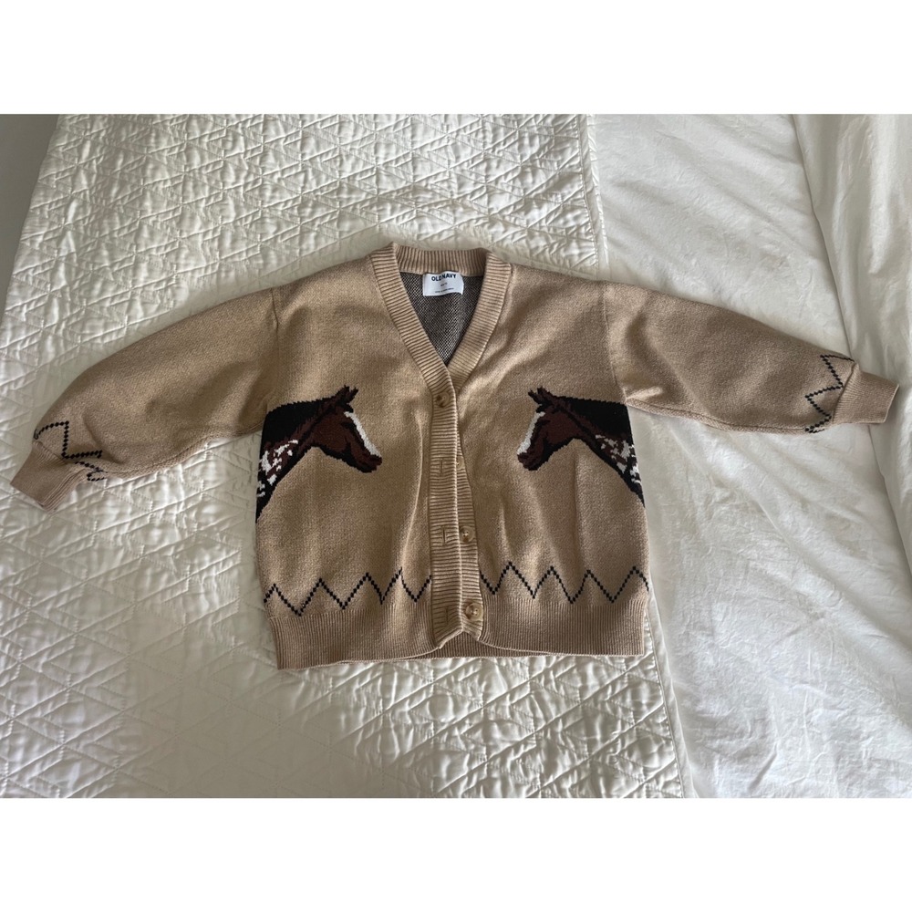 Old Navy Cardigan Sweater Tan Horse Intarsia V-Neck Button Front Kids Size S 6-7